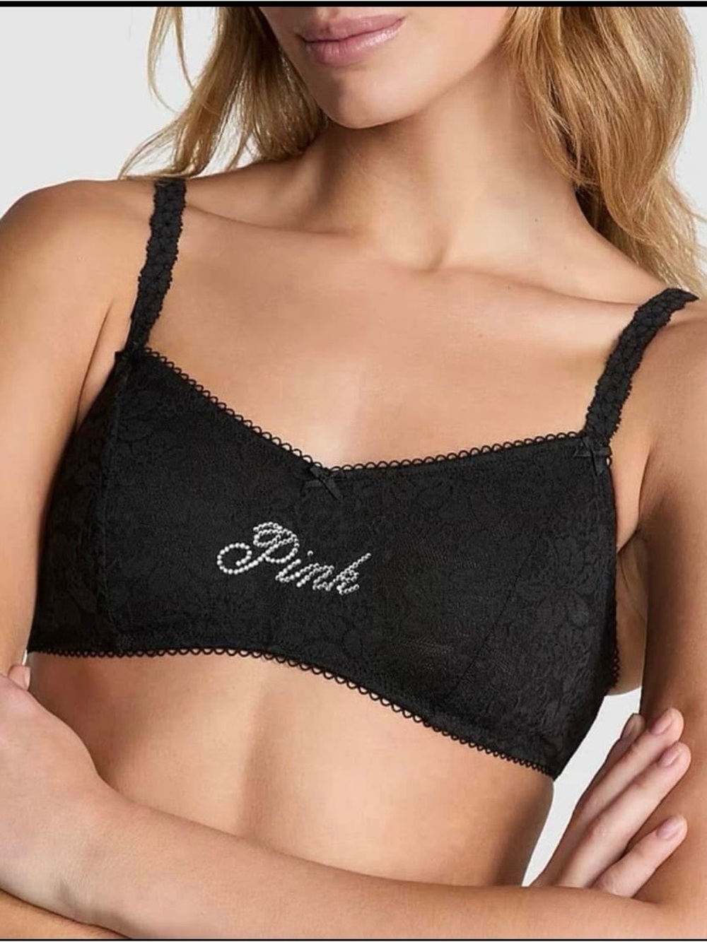 Victoria's Secret Black Lace Wireless Bralette with Rhinestone 'Pink' Script